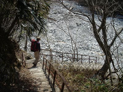 登山道の最後は沢