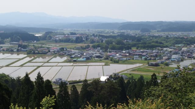 秋田県南秋田郡の旅行で訪れた観光名所、五城目城からの五城目の町並み